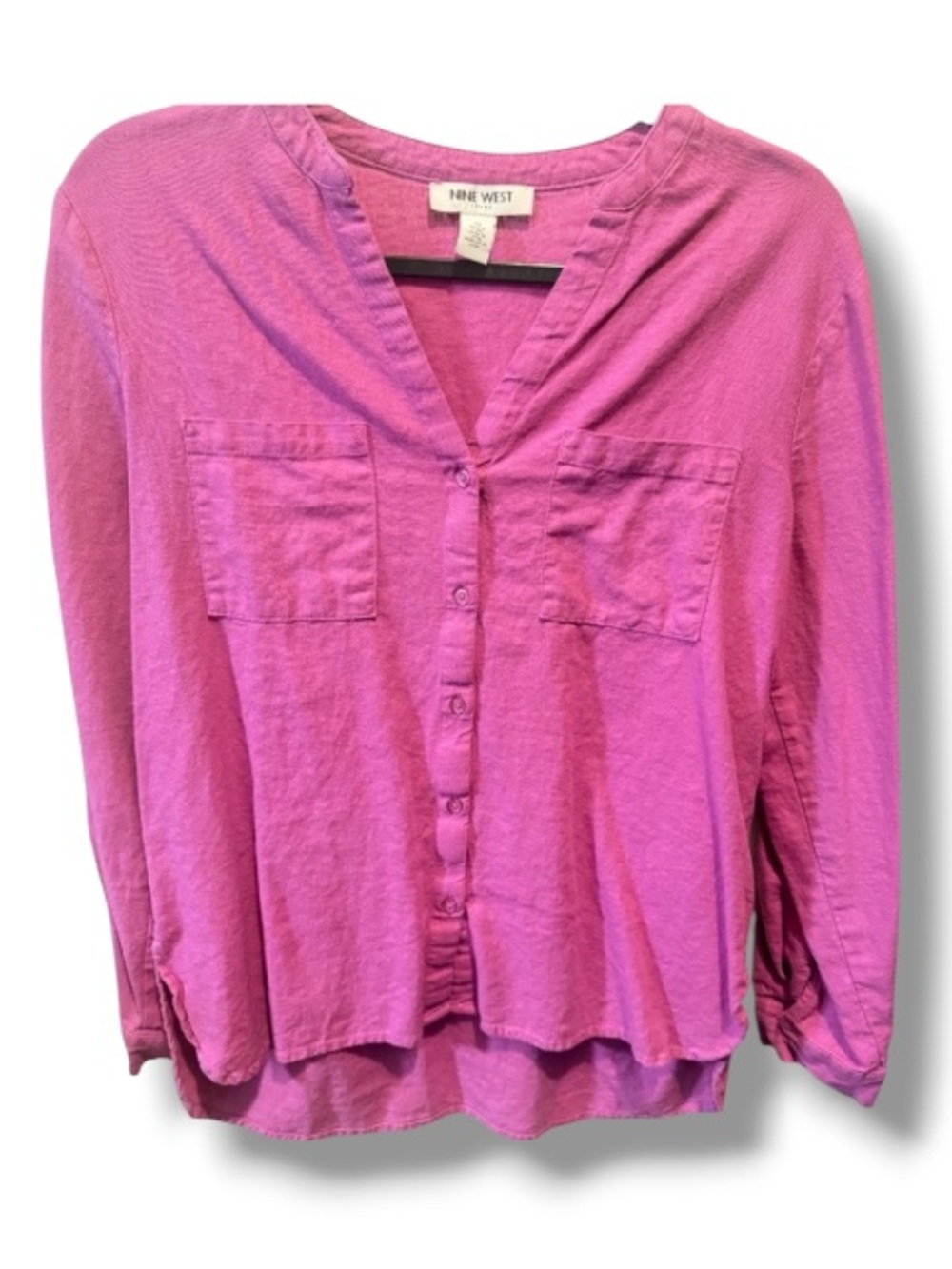 Nine West Women’s Fuchsia Button-down Linen Blend Blouse Top